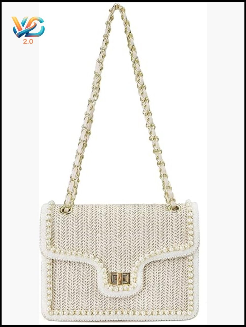 Straw Crossbody Bag Summer Beach Clutch Shoulder Purse Pearl Accents Chain Strap